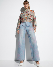 Carica l'immagine nel visualizzatore di Gallery, Jeans Wide-Leg a Vita Alata con Motivo Floreale Rosa