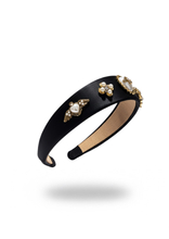 Carica l'immagine nel visualizzatore di Gallery, CERCHIETTO NERO ARTIGIANALE IN RASO CON DETTAGLI GIOIELLO E MOTIVO APE IN PERLE E CRISTALLI