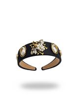 Carica l'immagine nel visualizzatore di Gallery, CERCHIETTO NERO ARTIGIANALE IN RASO CON DETTAGLI GIOIELLO E MOTIVO APE IN PERLE E CRISTALLI