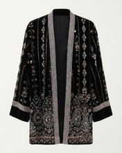 Carica l'immagine nel visualizzatore di Gallery, Giacca Kimono in Effetto Velluto con Ricami Geometrici e Floreali Fatti a Mano