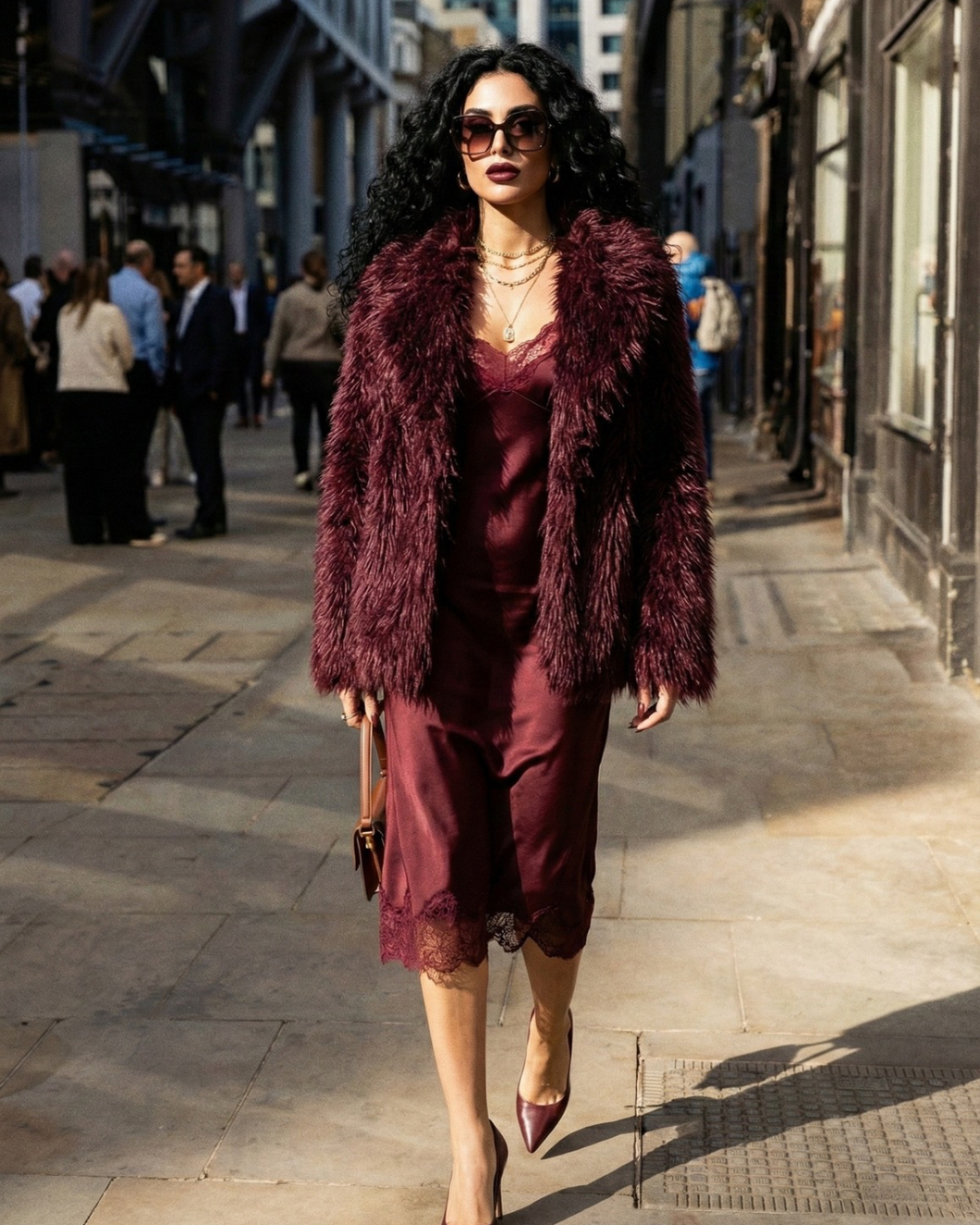 Cappotto Borgogna Violaceo Oversize in Eco-Pelliccia Morbida