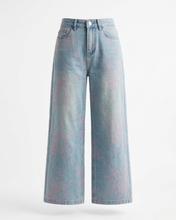 Carica l'immagine nel visualizzatore di Gallery, Jeans Wide-Leg a Vita Alata con Motivo Floreale Rosa
