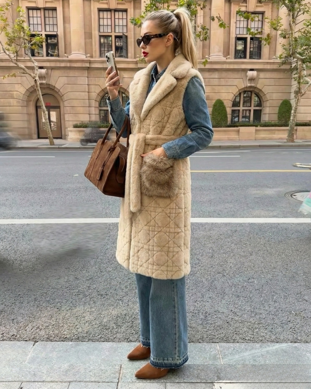 Gilet Beige in Pelliccia Sintetica Smanicate con Ganci e Cintura – Taglia Unica