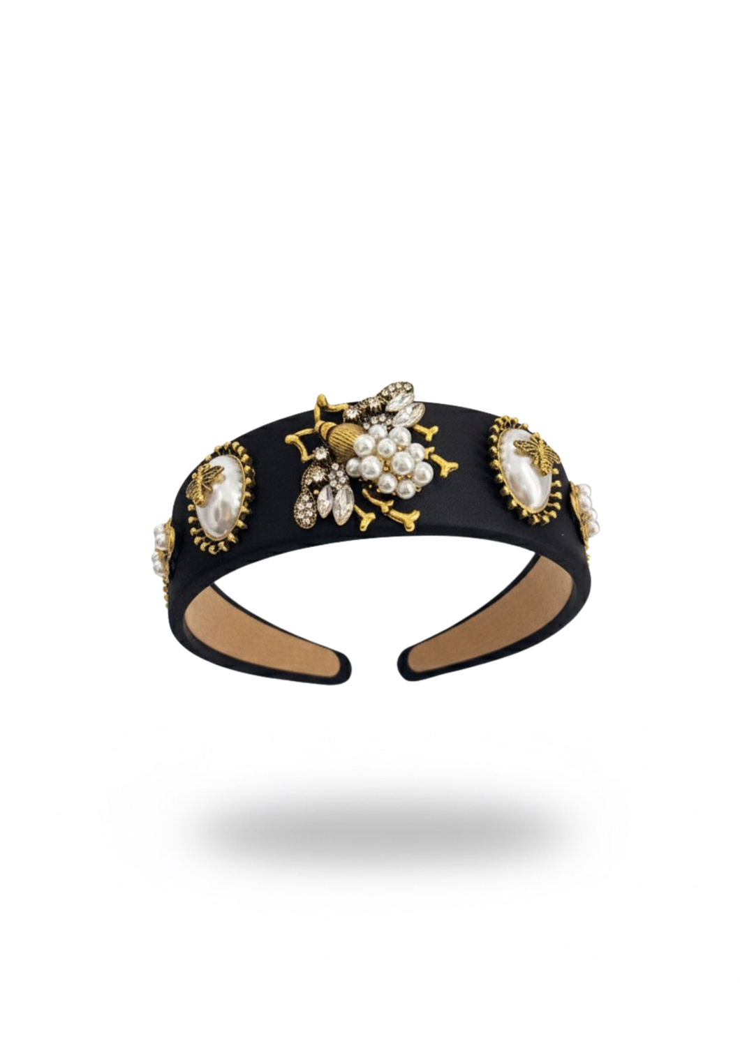 CERCHIETTO NERO ARTIGIANALE IN RASO CON DETTAGLI GIOIELLO E MOTIVO APE IN PERLE E CRISTALLI