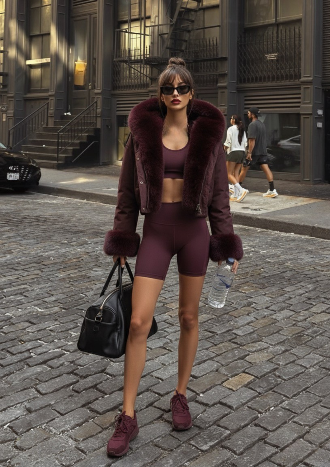 Piumino Bordeaux Corto Impermeabile con Cappuccio e Pelliccia Staccabile