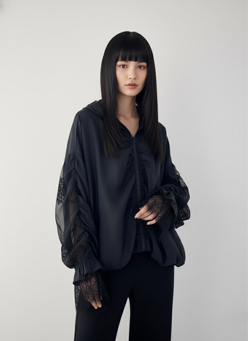 Doppia Faccia Giacca Nera Oversize in Seta e Pizzo - Stile Avvolgente con Maniche a Balze