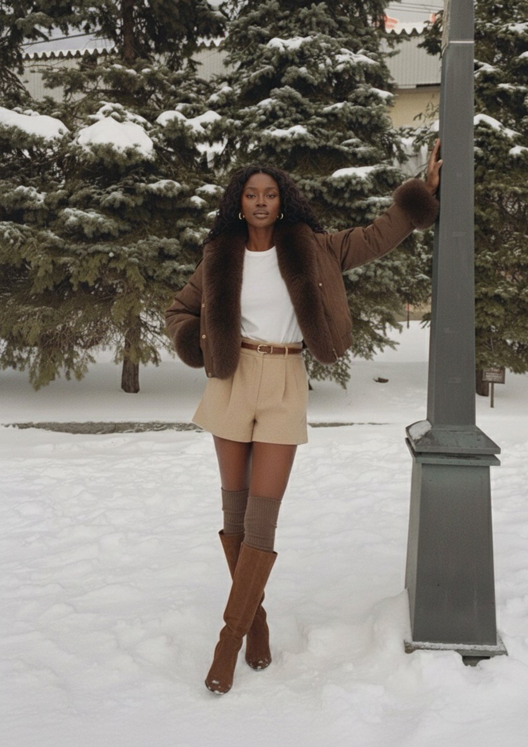 Piumino Marrone Corto Impermeabile con Cappuccio e Pelliccia Staccabile