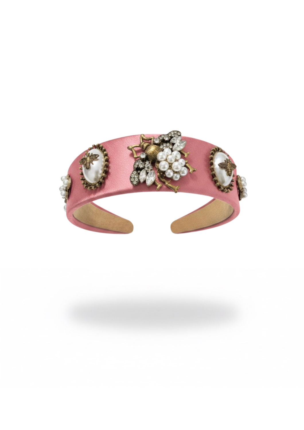 CERCHIETTO ROSA ARTIGIANALE IN RASO CON DETTAGLI GIOIELLO E MOTIVO APE IN PERLE E CRISTALLI