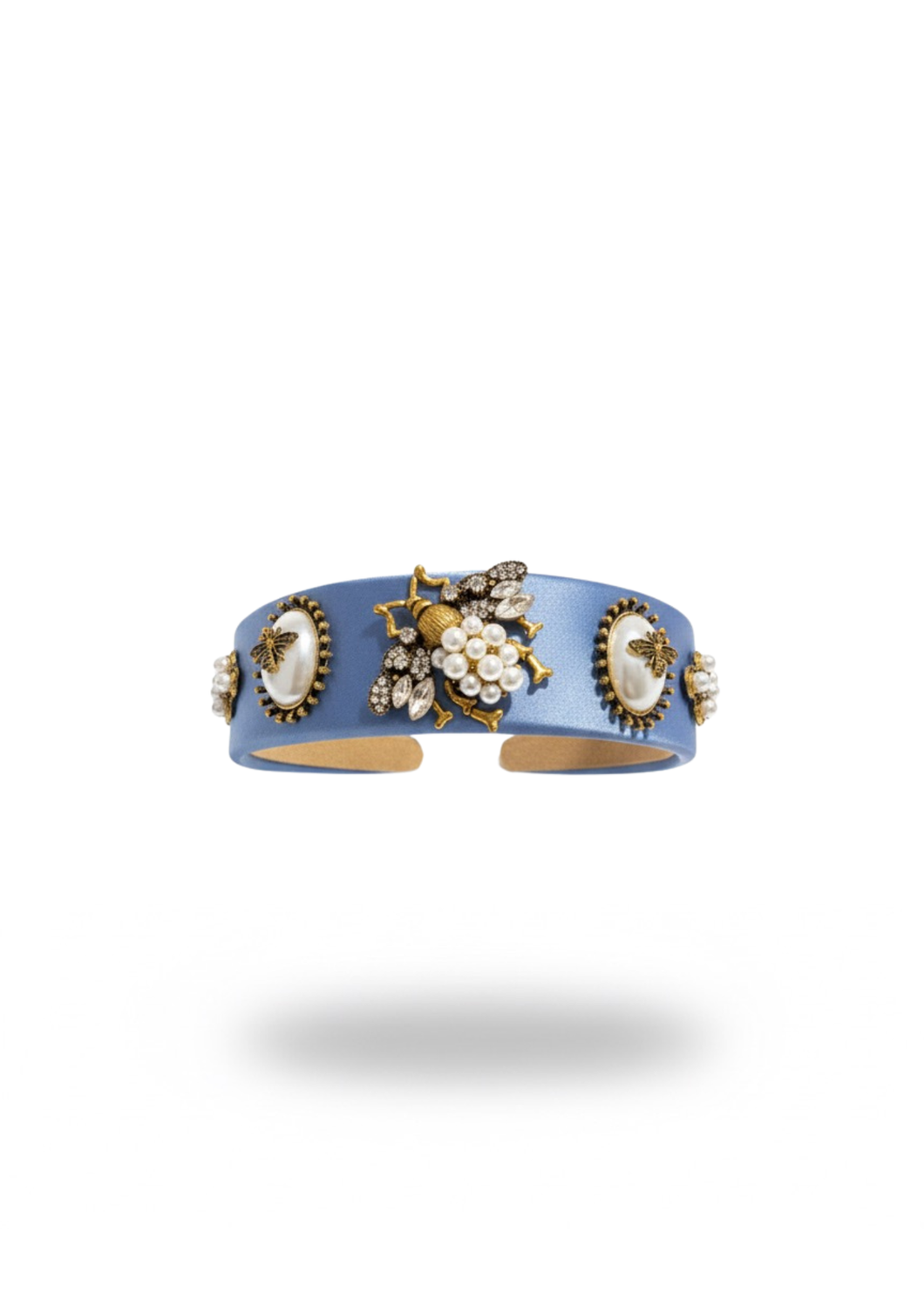 CERCHIETTO BLU FIORDALISO ARTIGIANALE IN RASO CON DETTAGLI GIOIELLO E MOTIVO APE IN PERLE E CRISTALLI