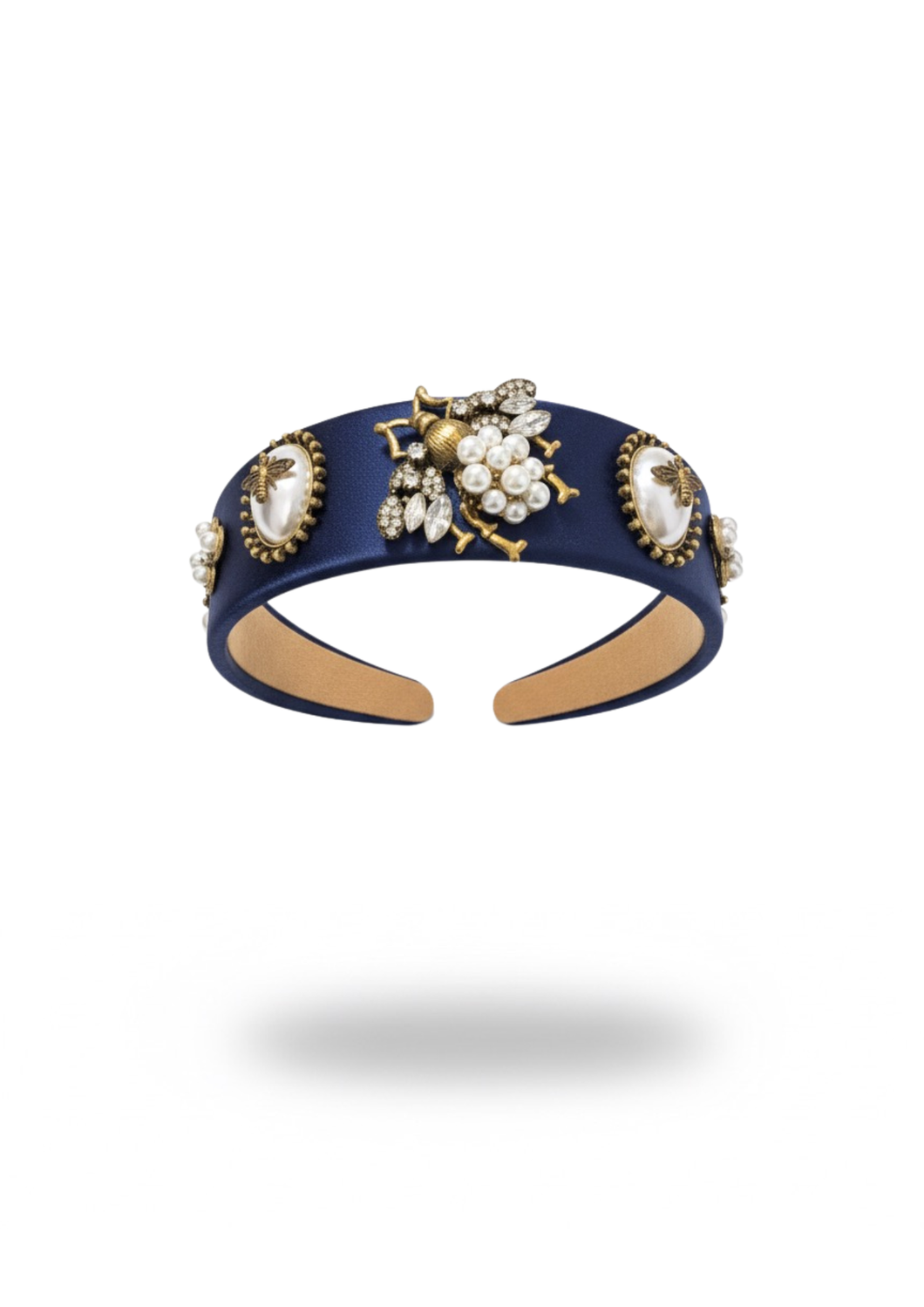 CERCHIETTO NAVY BLUE ARTIGIANALE IN RASO CON DETTAGLI GIOIELLO E MOTIVO APE IN PERLE E CRISTALLI