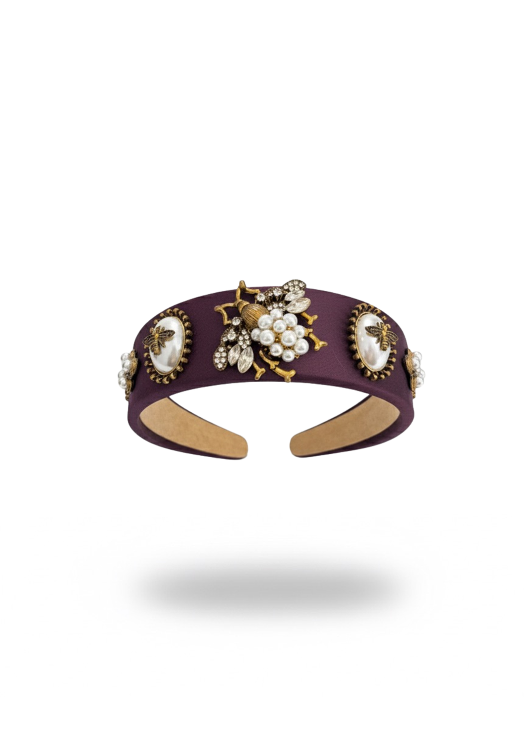 CERCHIETTO PRUGNA ARTIGIANALE IN RASO CON DETTAGLI GIOIELLO E MOTIVO APE IN PERLE E CRISTALLI